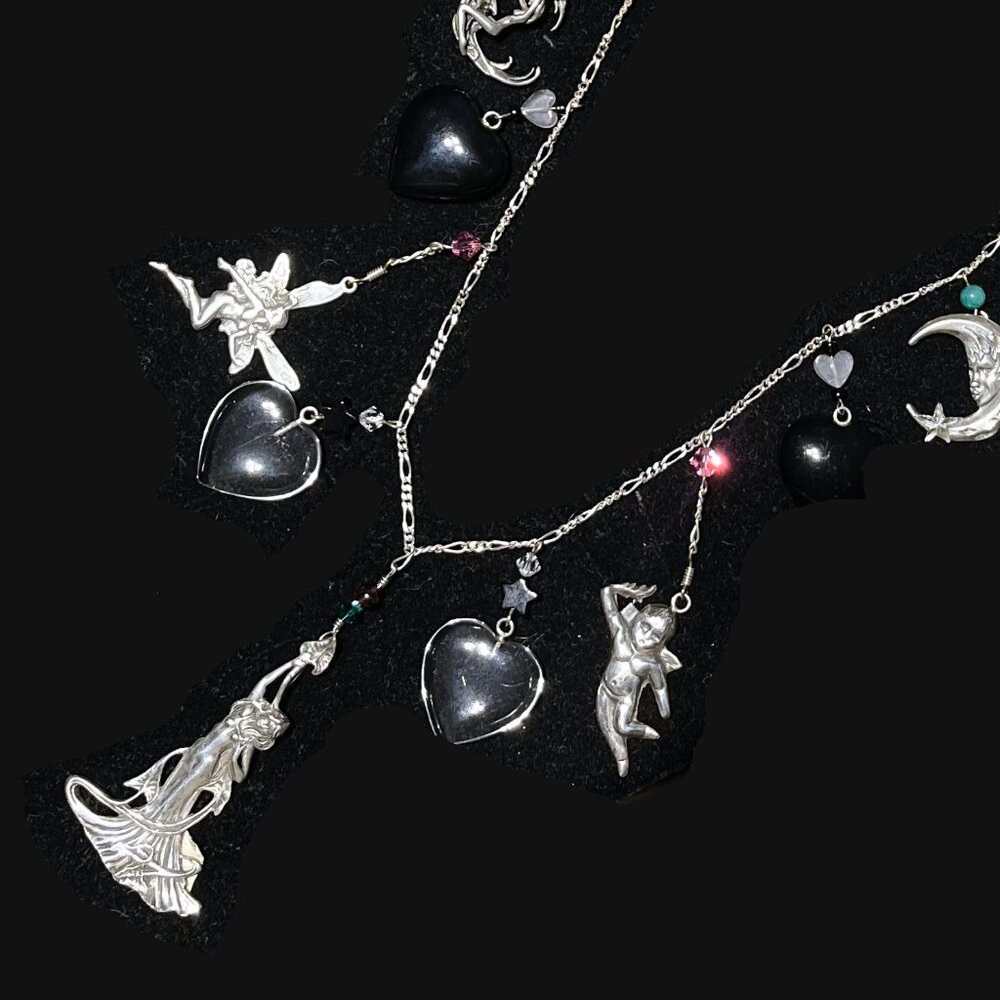 🆕Vintage Sterling Silver Charm Necklace – 15 Charms, Semiprecious Stones